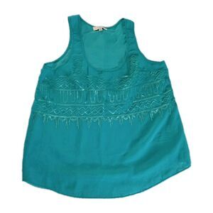 Umgee Boho Teal Green Sequin Sleeveless Tank Top Blouse Size Small Geometric